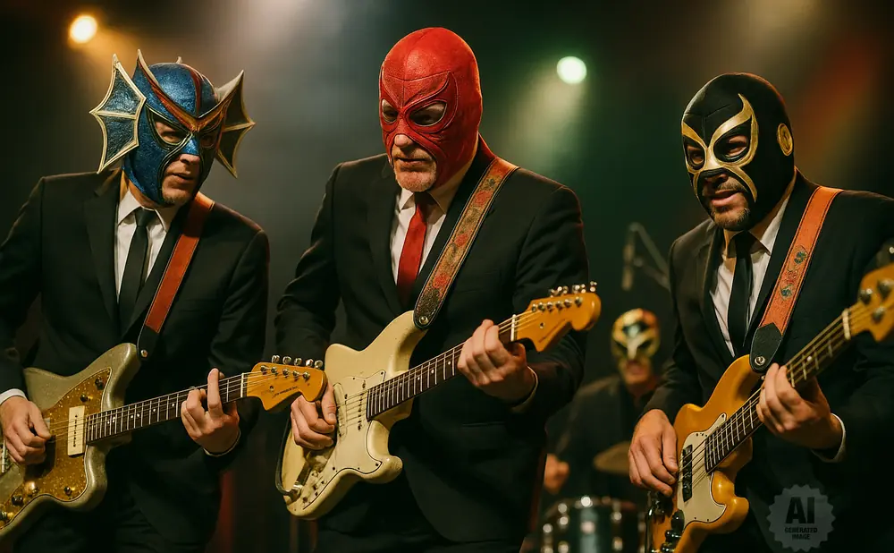 Three musicians wearing luchador masks and suits play guitars on stage.