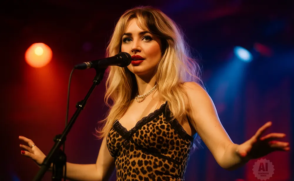 A blonde singer in a leopard print dress performs into a microphone under stage lights.