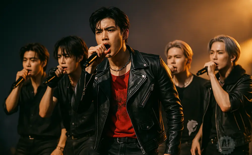 Five young men in black leather jackets and red shirts sing into microphones on a stage.