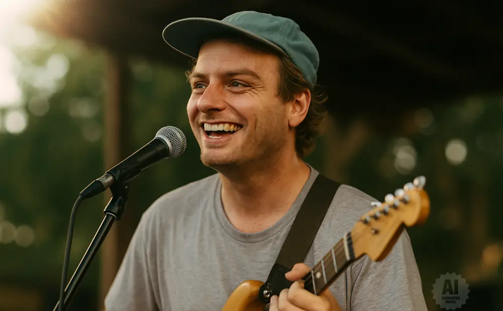 A man wearing a blue baseball cap smiles while singing into a microphone and playing an electric guitar.