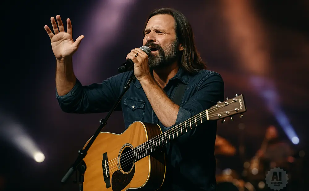A man with long hair and a beard sings into a microphone while playing an acoustic guitar on stage.