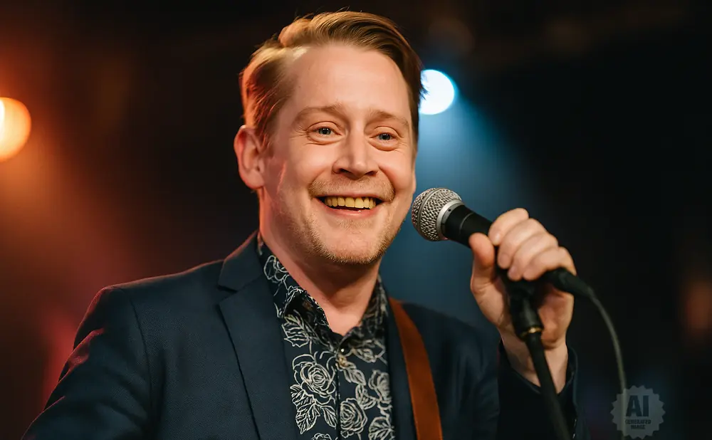 Macaulay Culkin smiles while holding a microphone and wearing a suit and floral shirt.