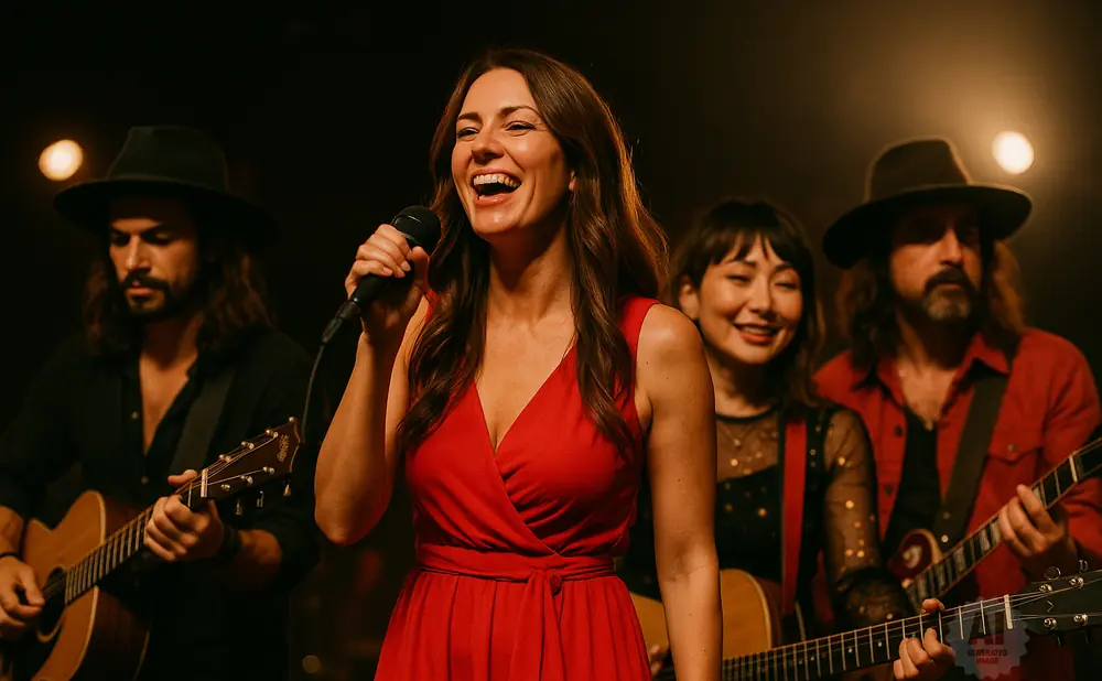 A female singer in a red dress, holding a microphone, performs with a band on a dimly lit stage.