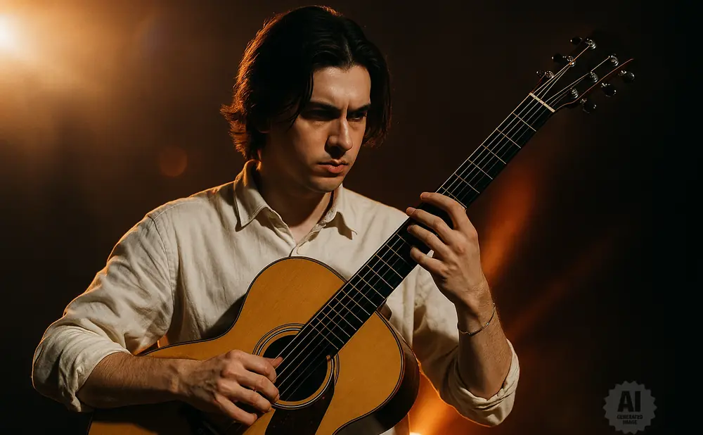 A young man plays an acoustic guitar under warm, dramatic lighting.
