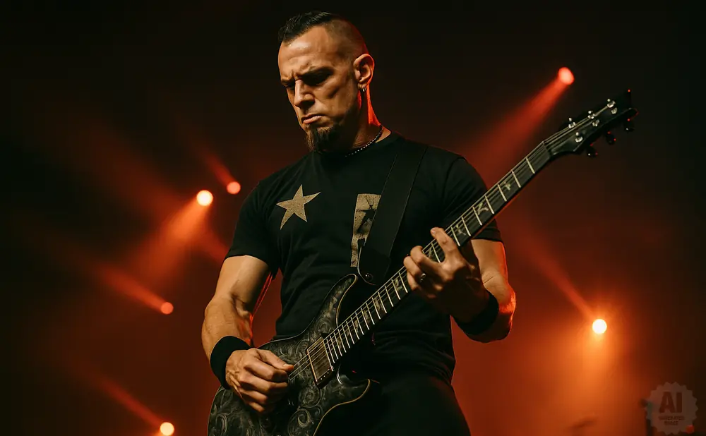 A male guitarist playing a black electric guitar on stage with orange spotlights.
