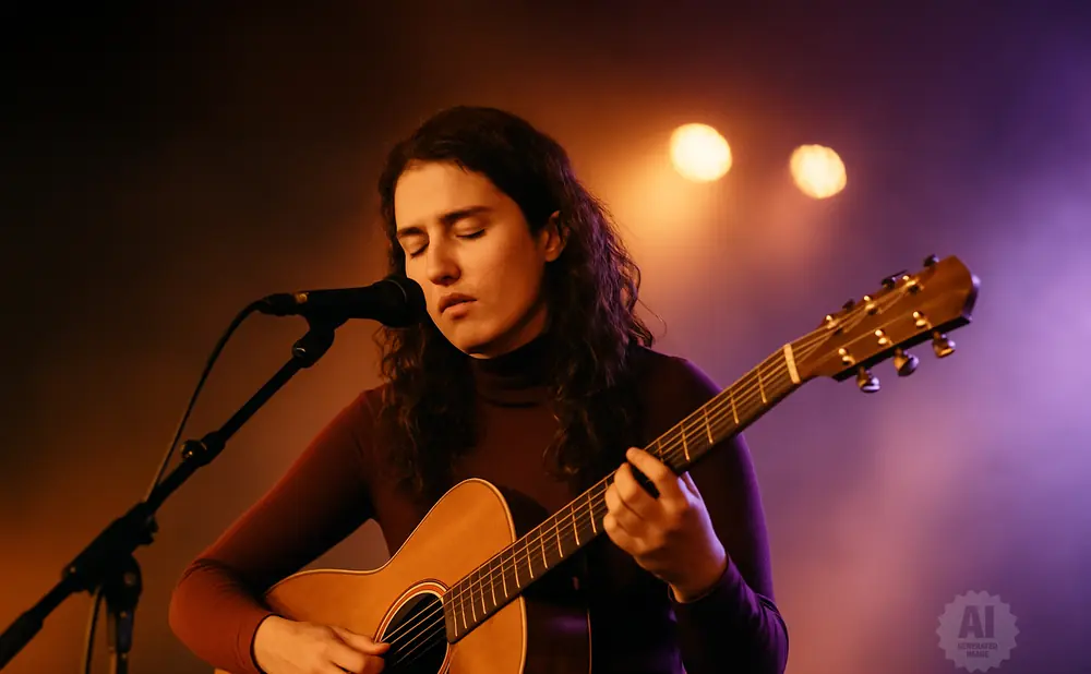 Woman with long, curly hair plays an acoustic guitar and sings into a microphone under stage lights.