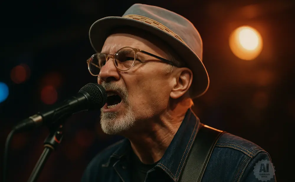 A man in a hat and glasses sings into a microphone, with blurred lights in the background.