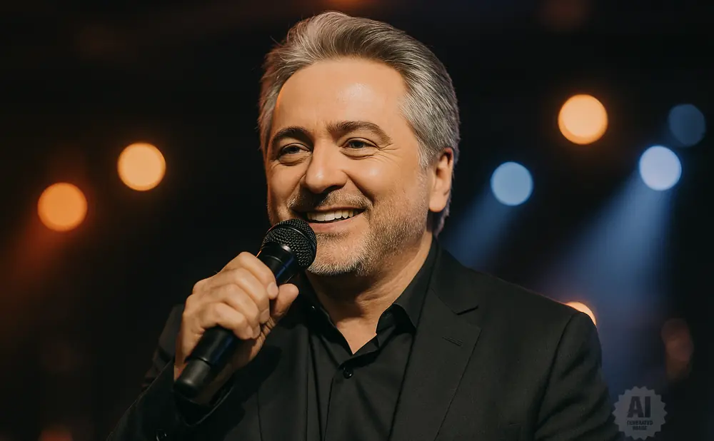 A man with gray hair in a black suit holds a microphone and smiles.