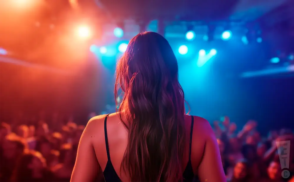 a rear view photo of maryjo performing a concert on stage to a lively audience