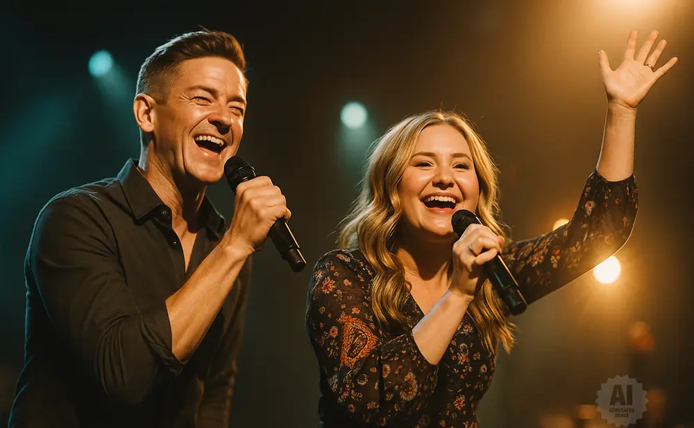 A man and woman singing joyfully into microphones on a stage with warm lighting.
