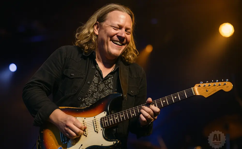 A man with long blonde hair laughs as he plays a sunburst Fender Stratocaster guitar on stage.