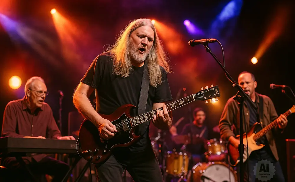 Guitarist with long blonde hair sings while playing a Gibson SG guitar on stage.