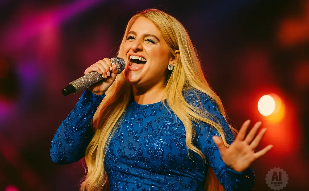 Singer Meghan Trainor performs on stage in a blue sequined dress, holding a microphone.