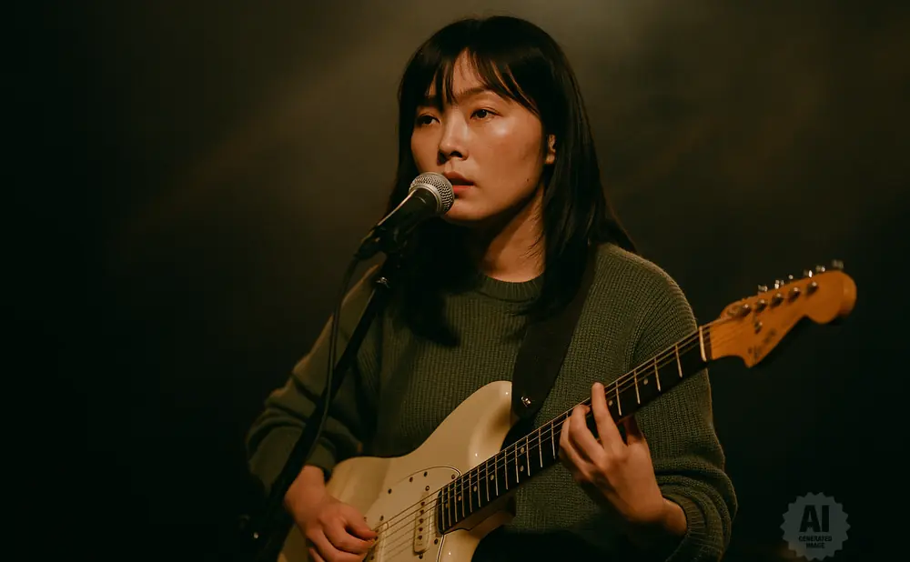 A woman in a green sweater plays a white electric guitar while singing into a microphone.