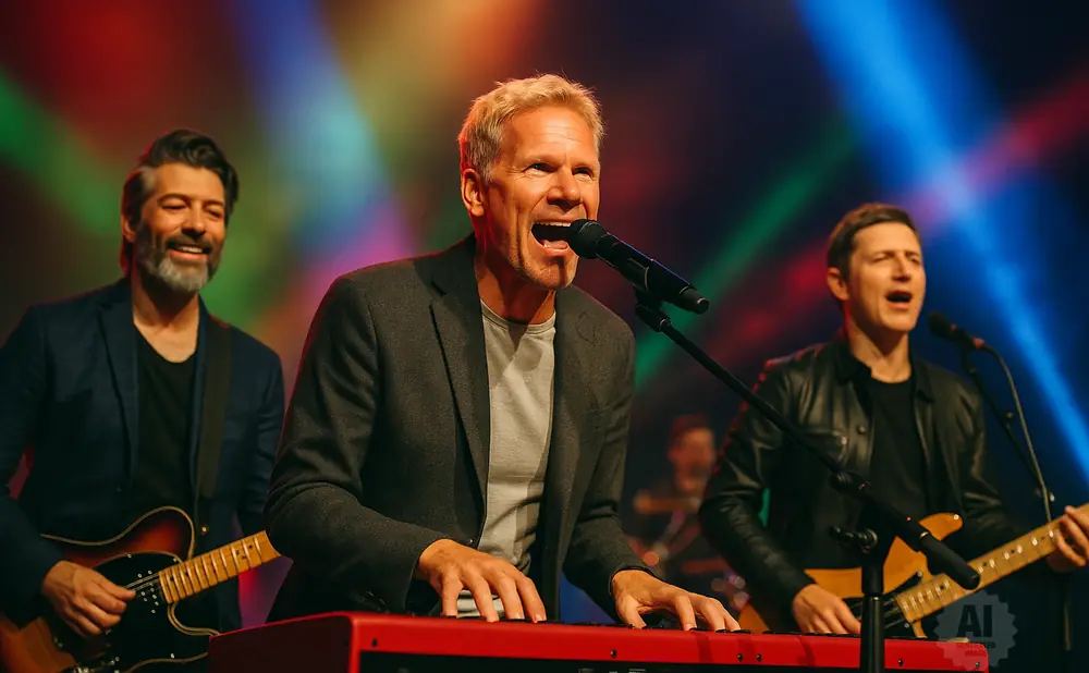 A band performs on stage, with the keyboardist in the foreground, a guitarist to his left, and another guitarist to his right.