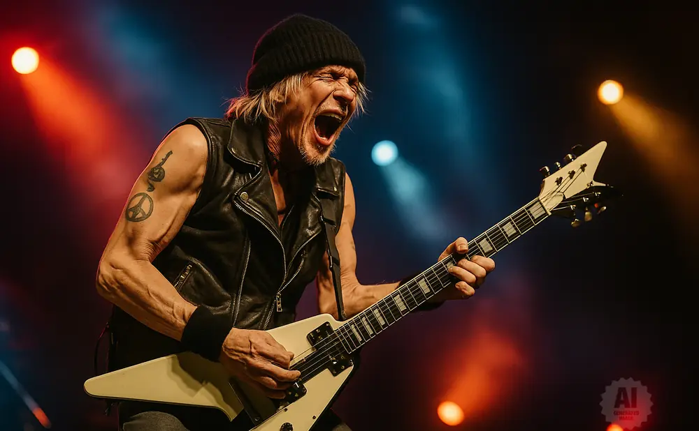 Male guitarist with a black beanie and leather vest plays a white electric guitar on stage with red and blue lights.