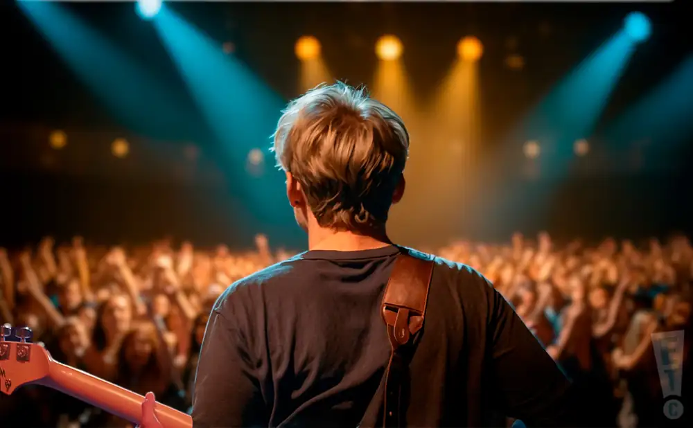 a rear view photo of midnight bluesmen performing a concert on stage to a lively audience