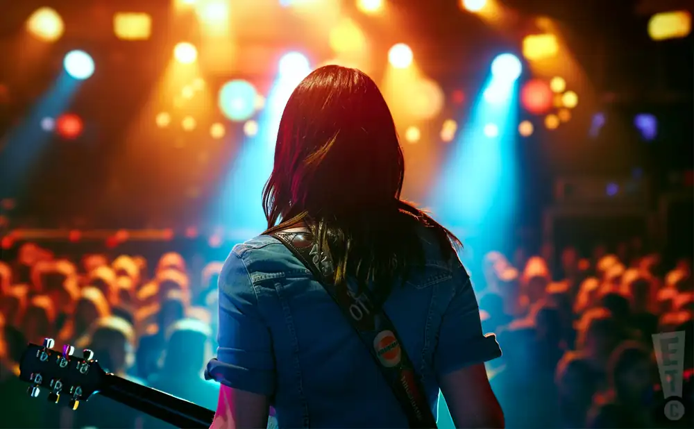 a rear view photo of midnight north performing a concert on stage to a lively audience