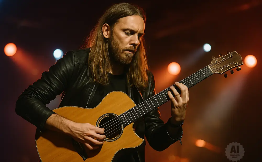 Musician with long hair playing an acoustic guitar on stage with orange and blue lights.