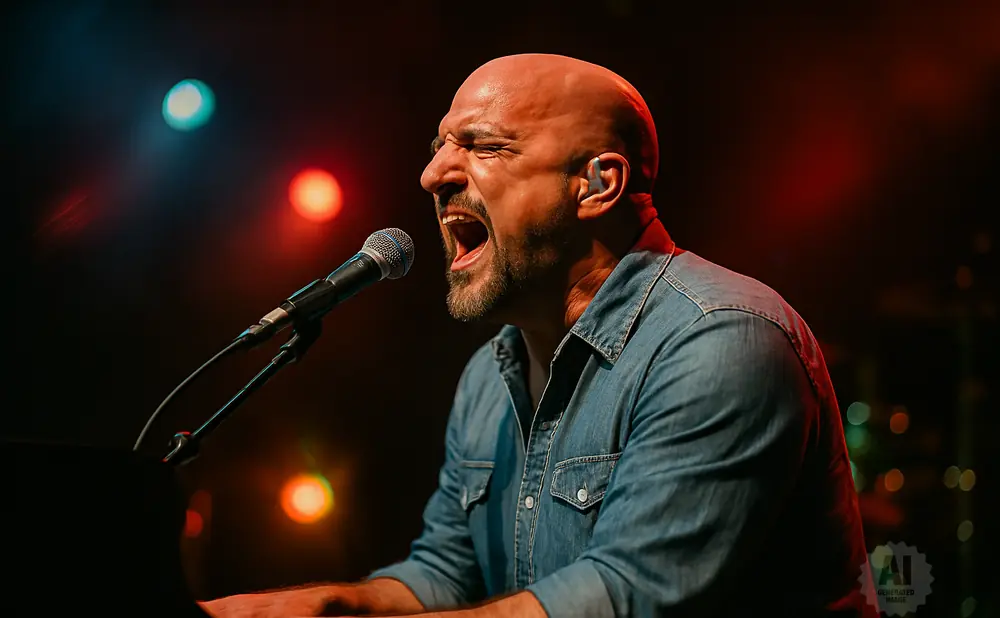 A bald man with a beard sings into a microphone while playing a piano on a dimly lit stage.