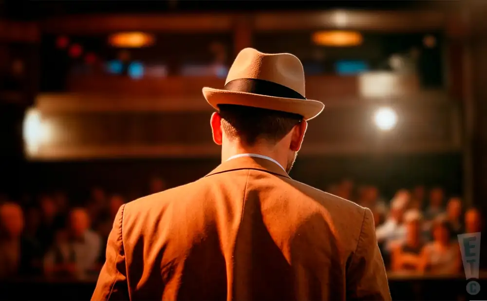 a rear view photo of mike urick and the modelaires performing a concert on stage to a lively audience