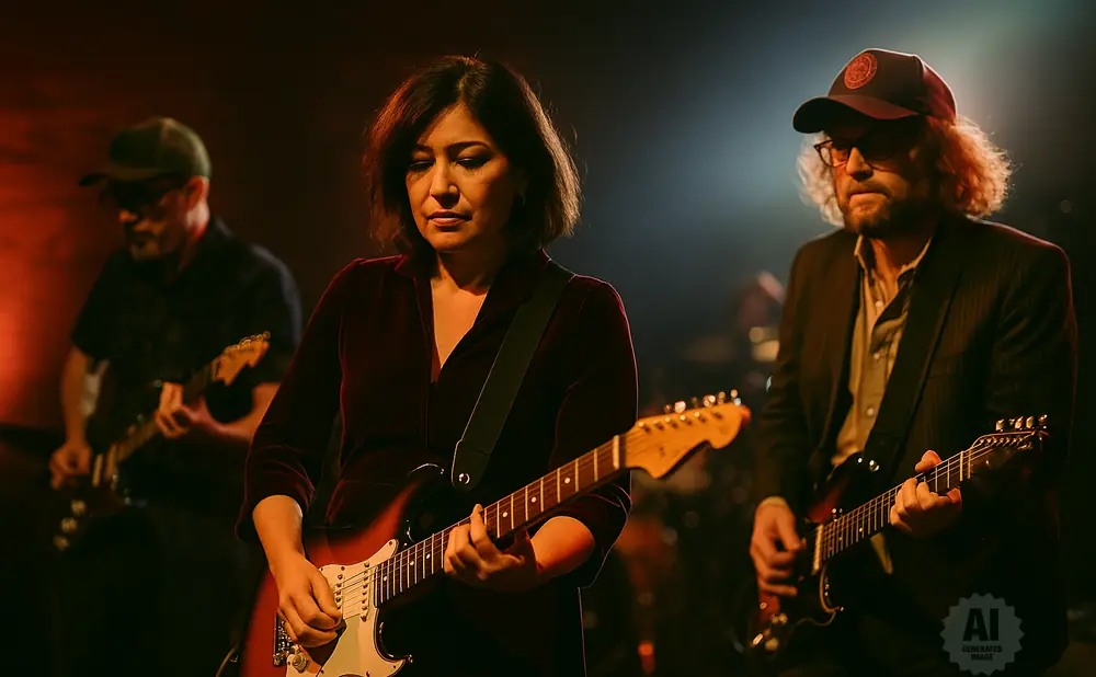 Three guitarists playing electric guitars on a dimly lit stage.