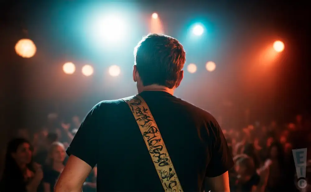 a rear view photo of millington performing a concert on stage to a lively audience
