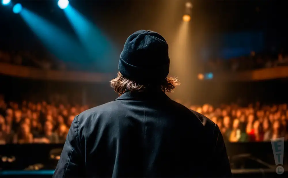 a rear view photo of mitch rowland performing a concert on stage to a lively audience