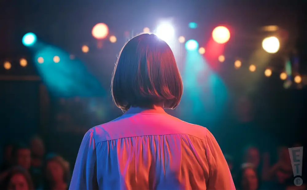 a rear view photo of molly parden performing a concert on stage to a lively audience