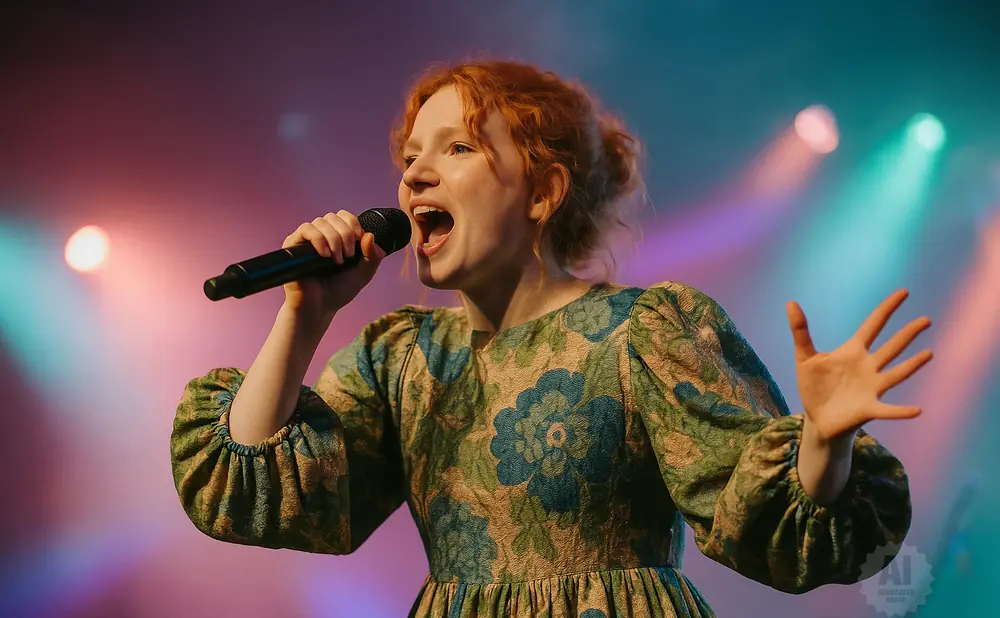 Singer with red hair, wearing a floral dress, singing into a microphone on a stage with colored lights.