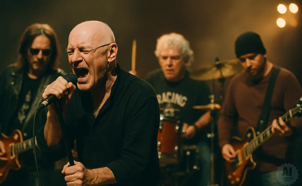 A band performs on stage, with a singer in the foreground, guitarist to the left, a drummer in the middle, and another guitarist on the right.