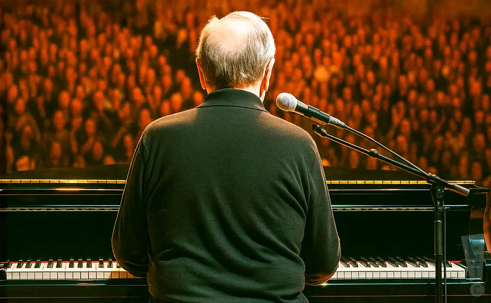 a rear view photo of neil sedaka performing a concert on stage to a lively audience