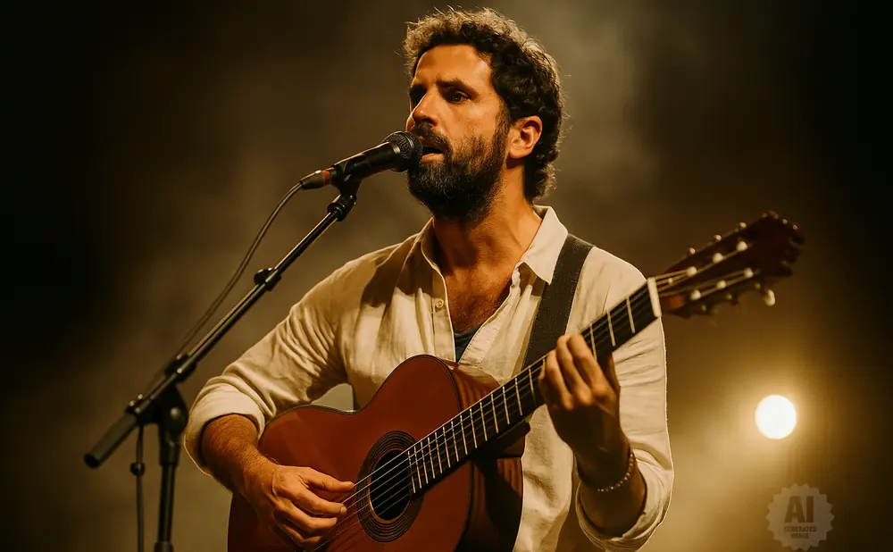 A man with a beard plays an acoustic guitar and sings into a microphone on stage.