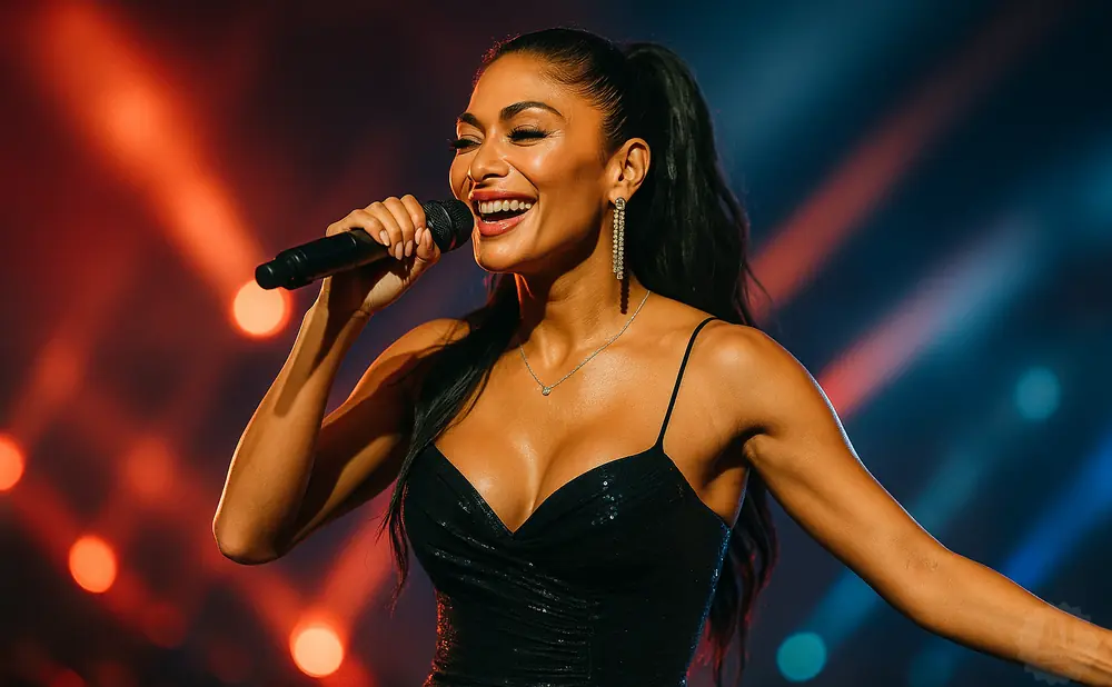 A woman with dark hair in a ponytail sings into a microphone on a stage with red and blue lights.