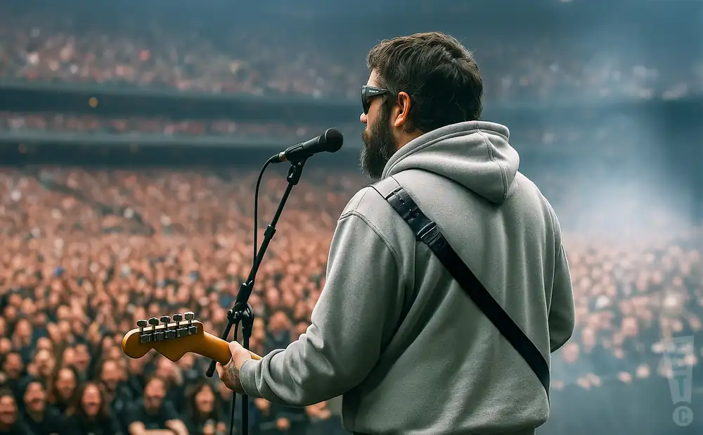 a rear view photo of nothing performing a concert on stage to a lively audience