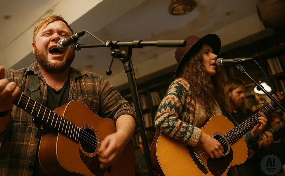 Two musicians, a man and a woman, play acoustic guitars and sing into microphones.