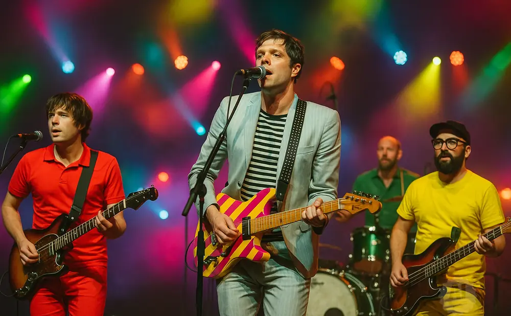 A band performs on stage with colorful lights. The singer in the center wears a gray suit and striped shirt.