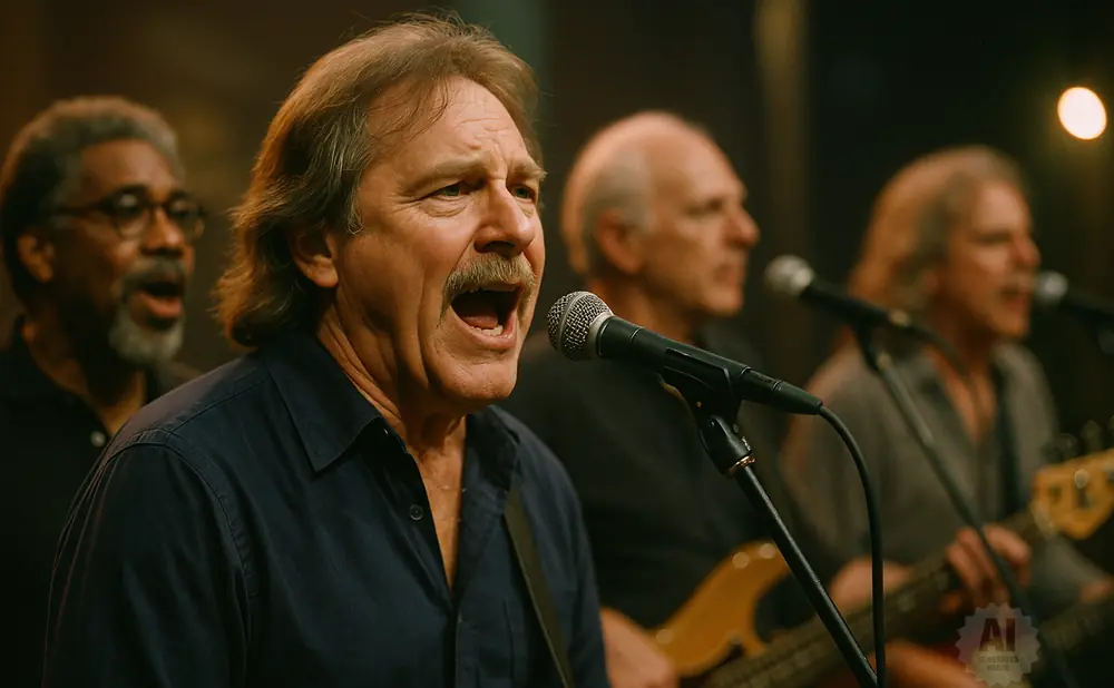 A band of four men singing and playing instruments, with the lead singer in the foreground.