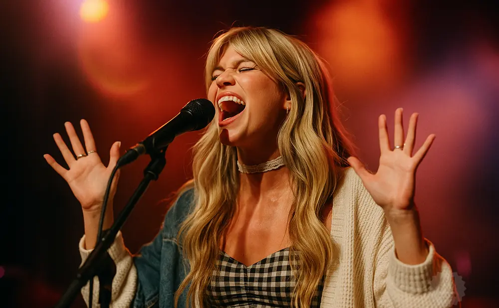 Singer with arms raised, singing into a microphone, with red and purple lighting.