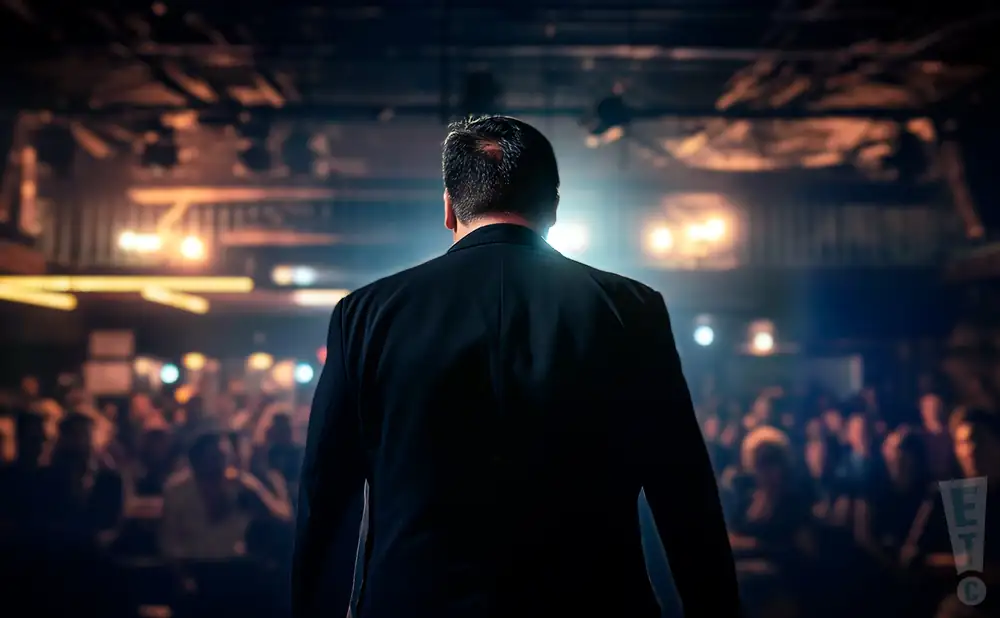 a rear view photo of panic at the costco performing a concert on stage to a lively audience