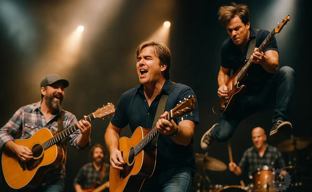 A band performing on stage with two guitarists in the foreground and a drummer in the background.