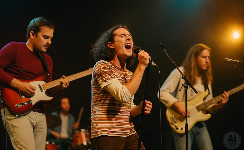 A band performs on stage, with a singer in the foreground and guitarists and drummer in the background.