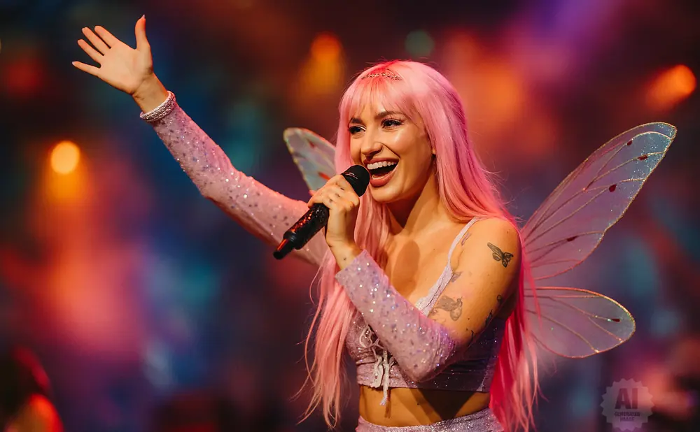 A woman with pink hair and fairy wings sings into a microphone on a stage with colorful lights.