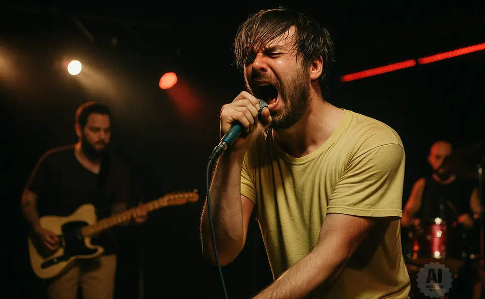 Man in yellow shirt singing into a microphone on stage, with guitarist and drummer behind him.