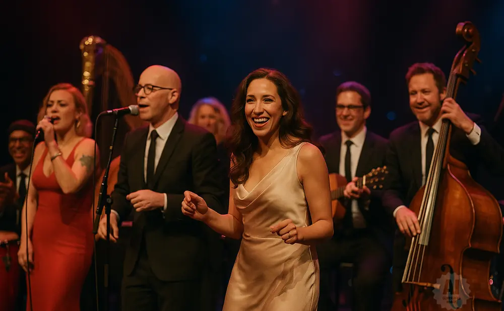 A diverse band performs on stage with a female lead singer in a cream dress dancing.