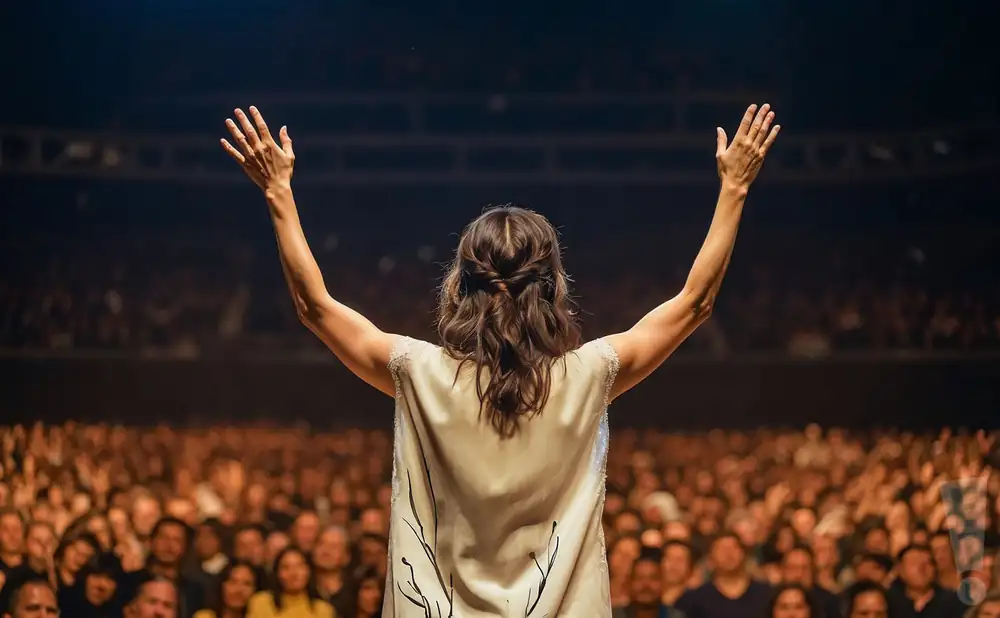 a rear view image of pj havey perfoming live on stage