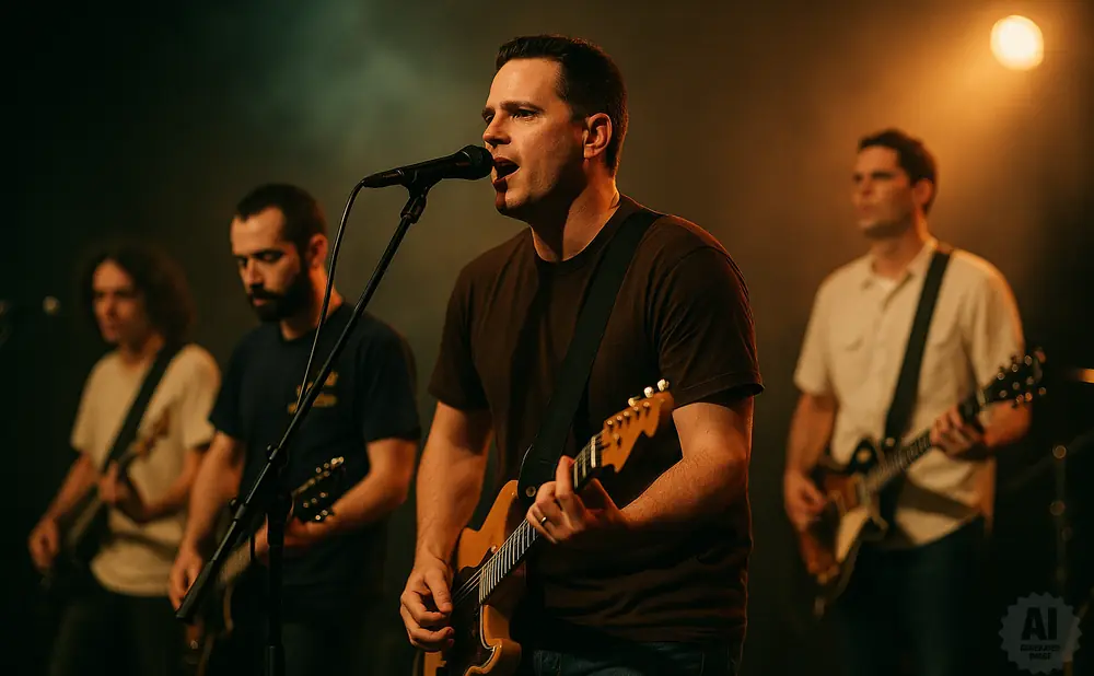 A band performs on stage, with the lead singer in focus playing a guitar and singing into a microphone.