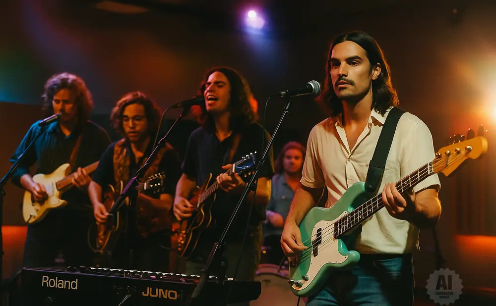 A band performs on stage with guitars, keyboards, and microphones.