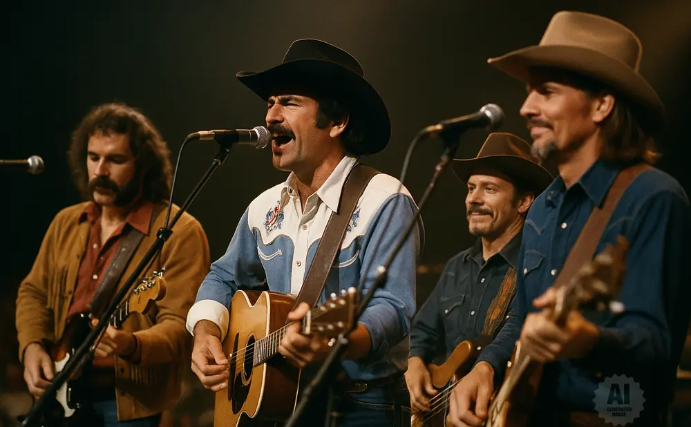 Four men in cowboy hats play guitars and sing on stage.