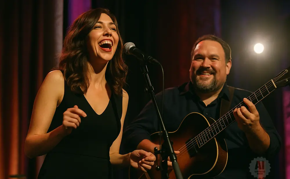 A woman singing into a microphone while a man plays guitar next to her.